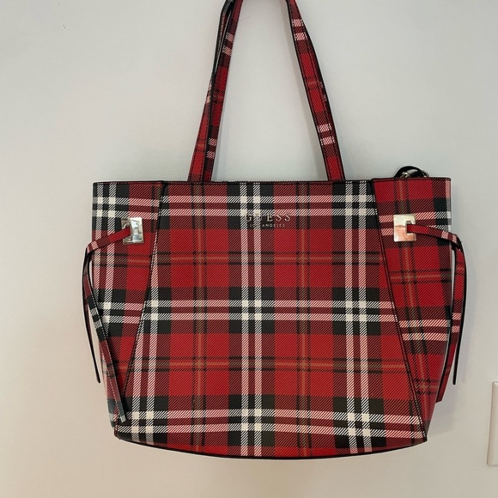 Guess Red and Black Plaid Tote
